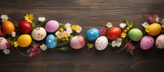 Fototapete - A festive Easter spring card with colored eggs placed on a wooden background providing a perfect copy space image