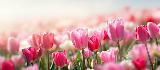 Poster - A stunning collection of spring flowers featuring lovely pink tulips that fill a tulip field with a pleasing blur both in the foreground and background Perfect for a copy space image