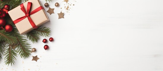 Poster - A Christmas gift box adorned with fir and decorations is showcased on a white background The image offers ample copy space and is captured from a top down perspective creating a flat lay composition