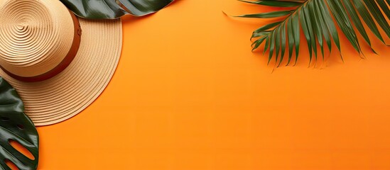 Poster - Copy space image featuring a fashionable straw hat and a vibrant tropical leaf set against an orange background arranged in a flat lay style