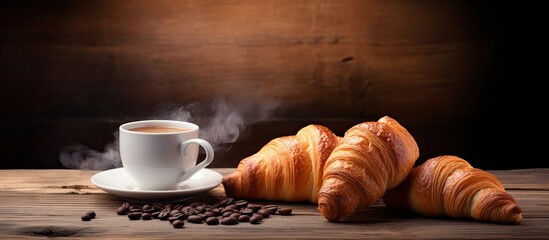 Poster - A copy space image of freshly baked croissants and a cup of steaming coffee placed on a rustic wooden table