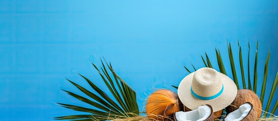 Aufkleber - A vibrant summer scene featuring a copy space image with coconuts a beach hat and real tropical leaves on a blue background