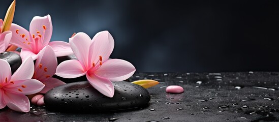 Poster - A side composition of elegant pink spa flowers placed on top of spa hot stones with a wet background The image features a dark background and copy space