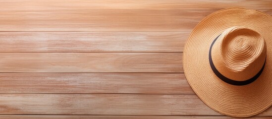 Wall Mural - Wooden background with a beach hat providing copy space in the image