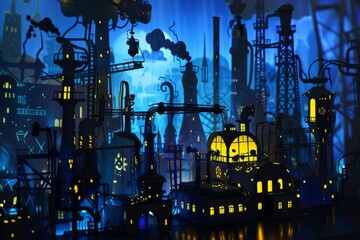 Cartoon cute doodles of industrial-themed shadow art and light projections transforming industrial landscapes and architecture into enchanting, Generative AI