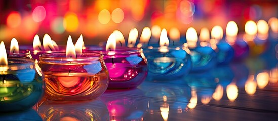 Fototapete - An interior decoration close up displaying colorful abstract decorative candles with copy space image
