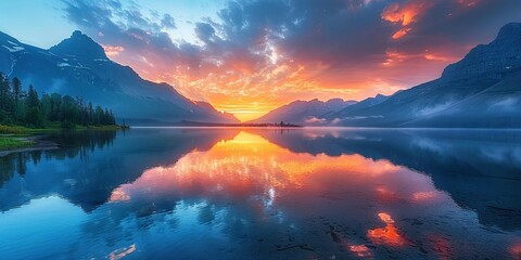 Wall Mural - sunrise over the mountains reflected in a lake