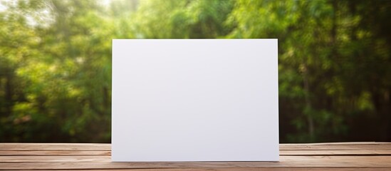 Poster - A blank sheet of paper is positioned on a wooden surface creating a copy space image with a softly blurred backdrop