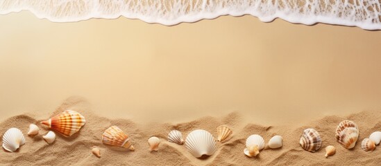 Aufkleber - A beautiful card featuring a close up view from above of seashells on the sand creating a visually captivating image with copy space