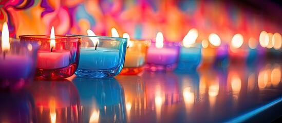 Poster - An interior decoration close up displaying colorful abstract decorative candles with copy space image