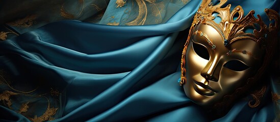 Poster - Blue silk fabric with a magnificent gold carnival mask placed strategically leaving ample copy space image