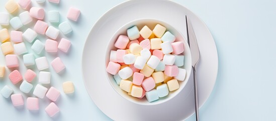 Wall Mural - A flat lay composition featuring colorful light marshmallows on a white plate with a spoon against a white background This copy space image showcases a delightful and sweet food concept from a top vi