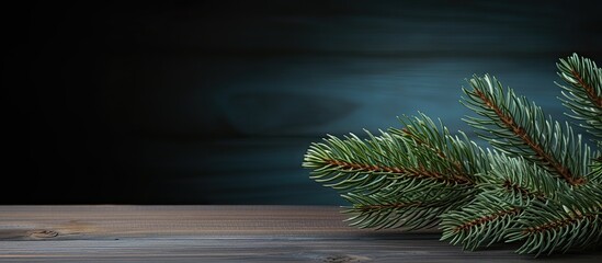 Poster - Copy space image of a fir tree branch resting on a wooden table