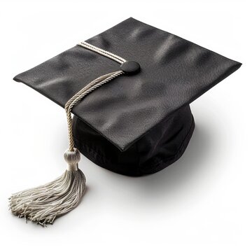 Black graduation cap with tassel on white background