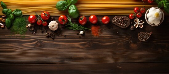 Aufkleber - Top view of a wooden table with all the ingredients needed for making pasta spaghetti fresh cherry tomatoes basil leaves garlic onions flavored oil and ample copy space for additional elements