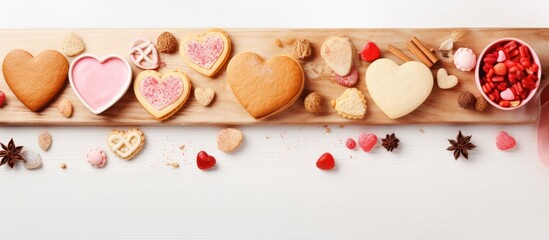 Fototapete - Valentine s Day celebration featuring a copy space image of a board adorned with raw heart shaped cookies and ingredients on a light background perfect for adding text