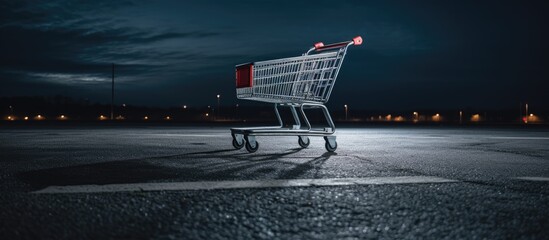 A shopping cart is seen in an empty parking lot creating a serene and isolated atmosphere. Creative banner. Copyspace image