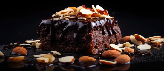 Sticker - An image of a delicious Brownies Ketan Hitam also known as Black Sticky Rice Brownie Cake with a beautiful topping of almond slices. Creative banner. Copyspace image