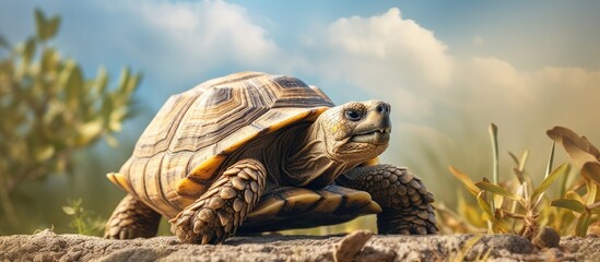 Sticker - The Sulcata tortoise is a wild animal found in its natural habitat. Creative banner. Copyspace image