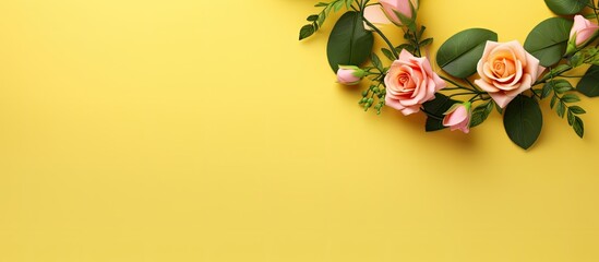 Poster - A floral concept featuring a round frame of green leaves and pink rose flowers on a yellow background with ample copy space image