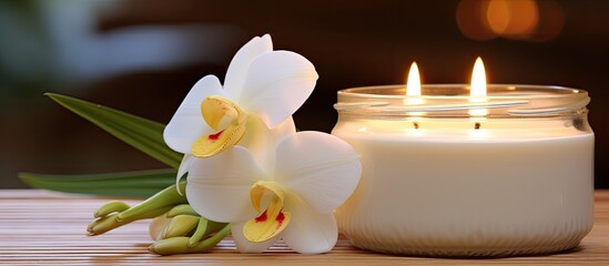 Sticker - Spa concept with a cream jar for facial treatment surrounded by candles flowers and copy space image