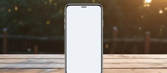 Poster - A smartphone mockup featuring a blank white screen and earphone placed on a wooden background 13 characters. Creative banner. Copyspace image