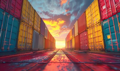 Wall Mural - Colorful cargo containers at sunset. Generative AI image