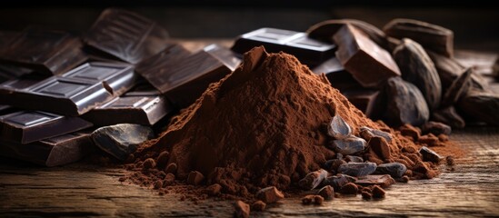 Fototapete - Close up image of cocoa powder and dark chocolate arranged on an aged wooden table creating an enticing composition with ample copy space