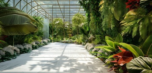 Wall Mural - A modern indoor garden under a glass atrium, with sleek, white marble paths leading through a lush assortment of tropical plants and hanging ferns, lit by natural sunlight. 