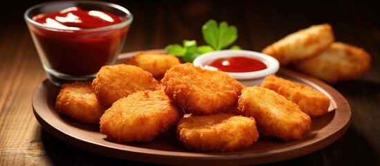 Sticker - Delicious homemade chicken nuggets served with a side of tangy tomato ketchup perfect for dipping. Creative banner. Copyspace image