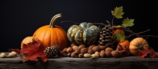 Poster - A harvest themed still life composition featuring a decorative pumpkin acorns nuts and autumn leaves on a dark stone table Perfect for autumn or Thanksgiving copy space images