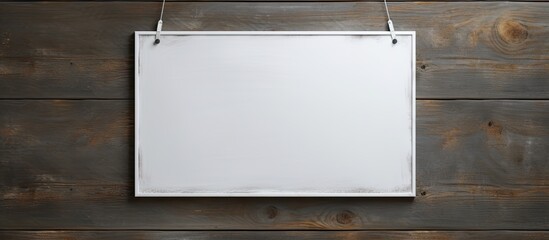 Sticker - Copy space image of a white chalk hanging on a gray wooden wall beside a clean small blackboard