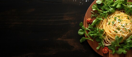 Wall Mural - A close up top view of spaghetti adorned with arugula and cheese in a copy space image