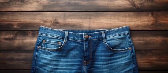 Sticker - A front view copy space image of blue denim jeans shorts placed on a wooden background