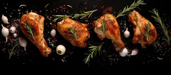 Canvas Print - A top down view of fried chicken legs garnished with rosemary garlic and chili with a blank space for additional visuals