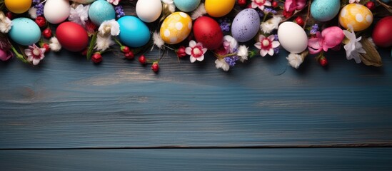Aufkleber - A creative frame surrounds a beautiful arrangement of colorful Easter eggs on a blue wooden table with ample copy space for customization