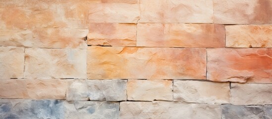 Wall Mural - Close up of a stunning colorful stone wall with stucco and paint The background has a peachy orange and gray texture providing ample copy space