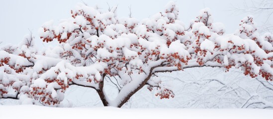 Poster - A wintery scene of a brown tree branch covered in snow offering the perfect backdrop for a copy space image