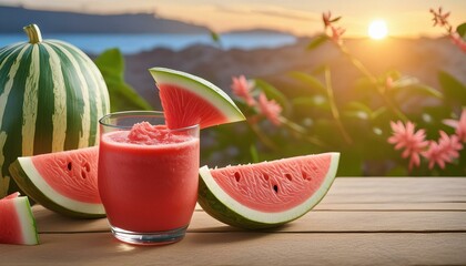 Wall Mural - A glass of watermelon juice with fresh watermelon on wooden table outdoors