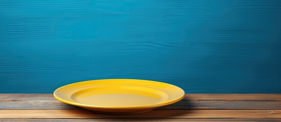 Aufkleber - A copy space image of a yellow plate placed on top of a blue wooden table