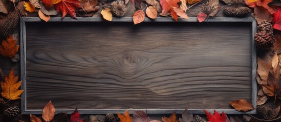 Wall Mural - A wood background with dried leaves arranged in a frame captures the essence of autumn The flat lay composition offers a top view with copy space