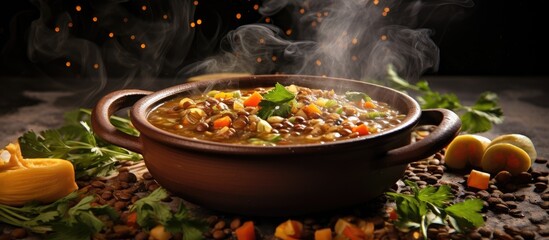 Wall Mural - A studio photo of a vegetable soup highlighting the lentils. Creative banner. Copyspace image