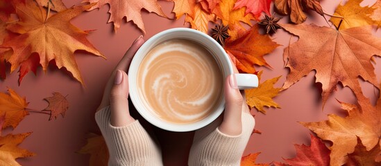 Aufkleber - Top view of a copy space image showcasing a cup of coffee held by female hands over a background of colorful maple leaves The image depicts the autumn season accompanied by a light bokeh effect