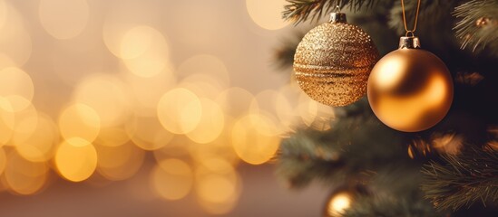 Canvas Print - The Christmas tree is adorned with gold festive decoration balls creating a beautiful yellow bokeh from the glowing garland The background is blurred with a shallow depth of field and the image has a