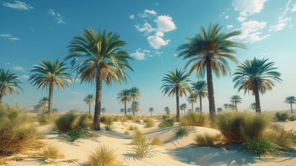 Wall Mural - A vast tropical desert. light blue sky. clear day. green palm trees scattered. Generative AI.