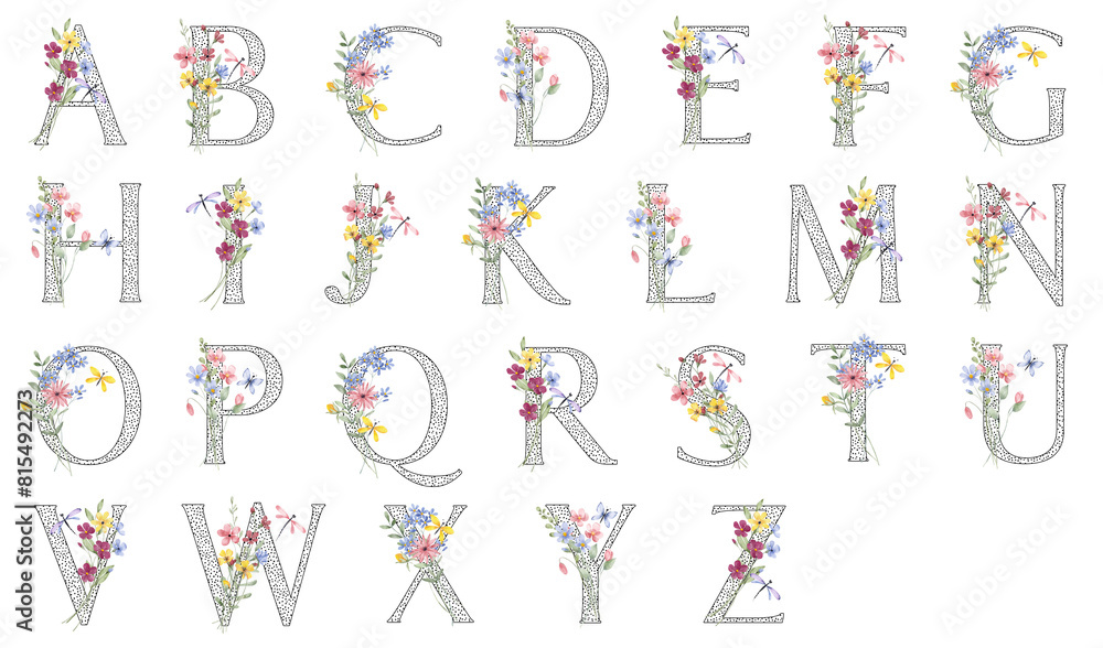 Floral alphabet, letters with watercolor flowers and leaf. Monogram ...