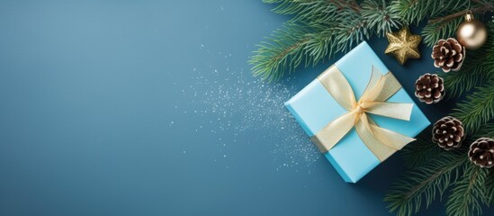 Canvas Print - Top view flat lay of Christmas gift boxes and a fir tree on a blue background providing copy space for your greetings