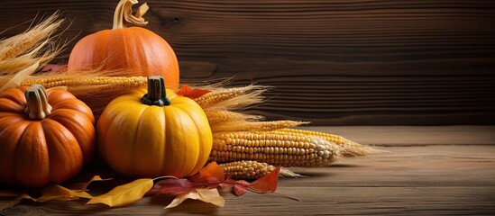Poster - Copy space image of Thanksgiving Day with ripe orange pumpkins wheat and corn displayed against a rustic brown wooden backdrop