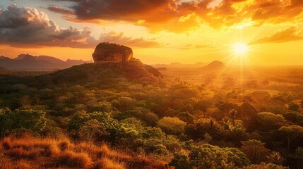 Poster - During the golden light of sunset the magnificent Sigiriya Rock often referred to as Lion Rock dominates the picturesque landscape of Sri Lanka