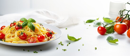 Short Italian Mafaldine pasta with olive oil cherry tomatoes basil and spices on a white kitchen table background copy space image